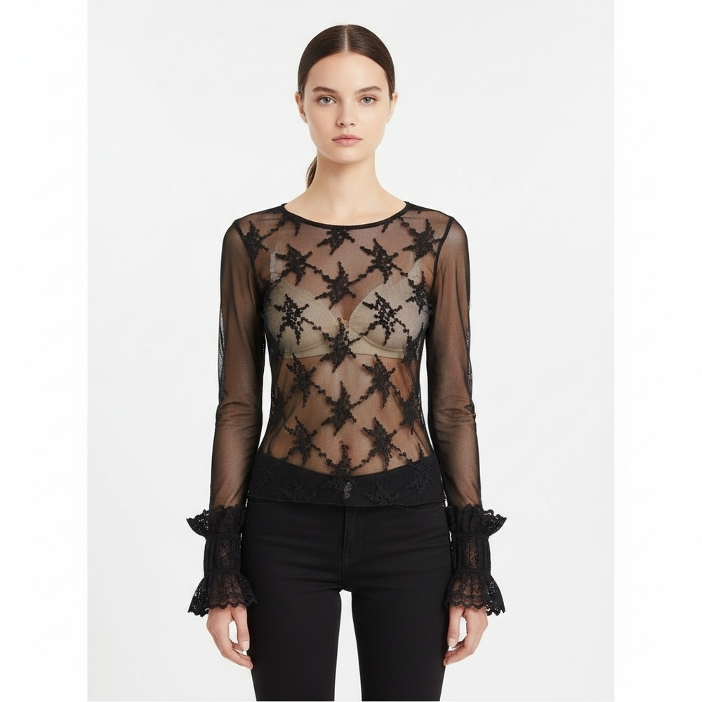 SASCH sheer emboridered lace cuff top M